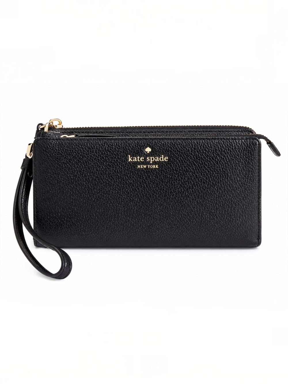Kate Spade New York Black Pebbled Leather Wristlet Wallet Gold Tone Zip Around
